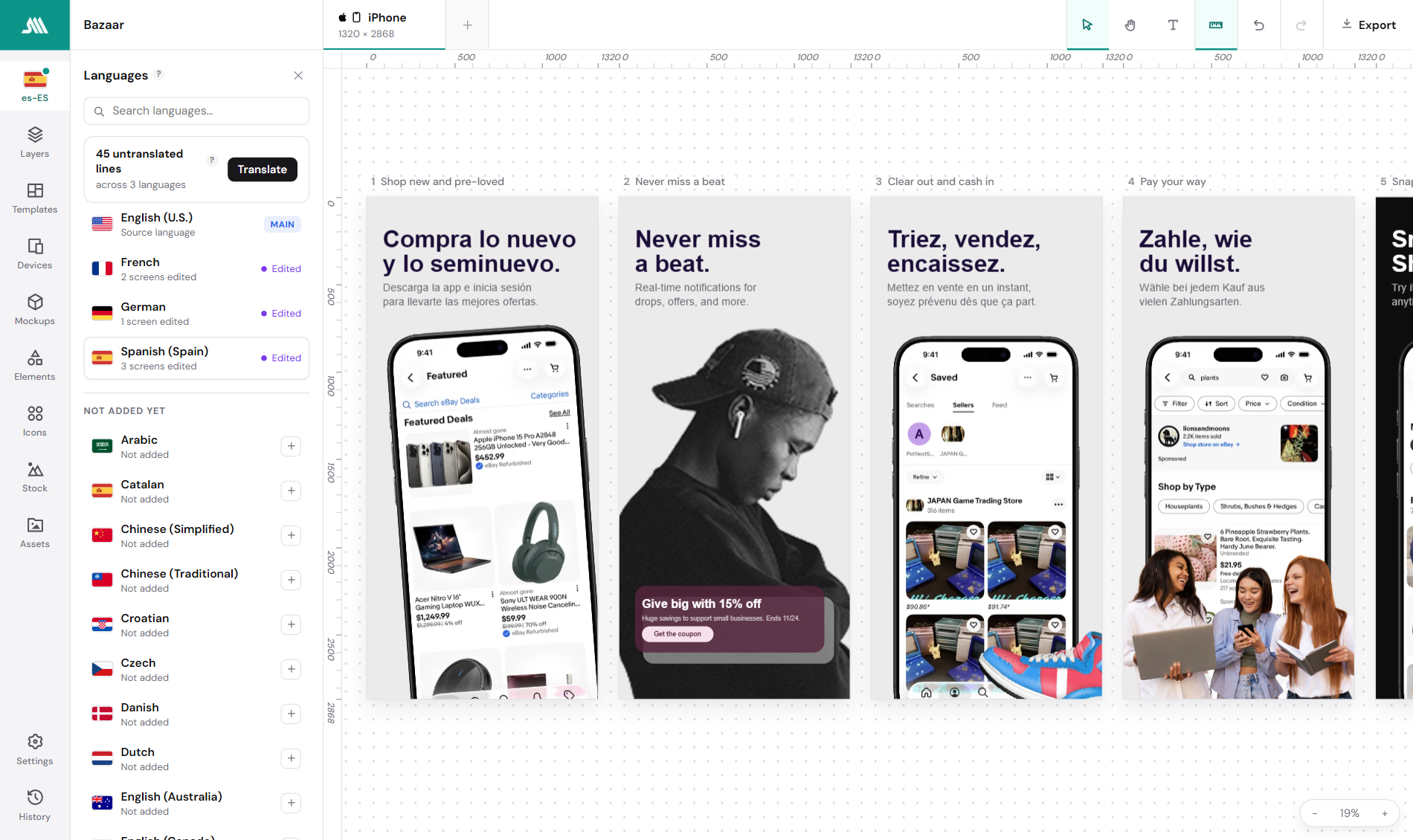 The ScreenMocks editor on the Bazaar template with the Languages panel open and the first screen translated to Spanish