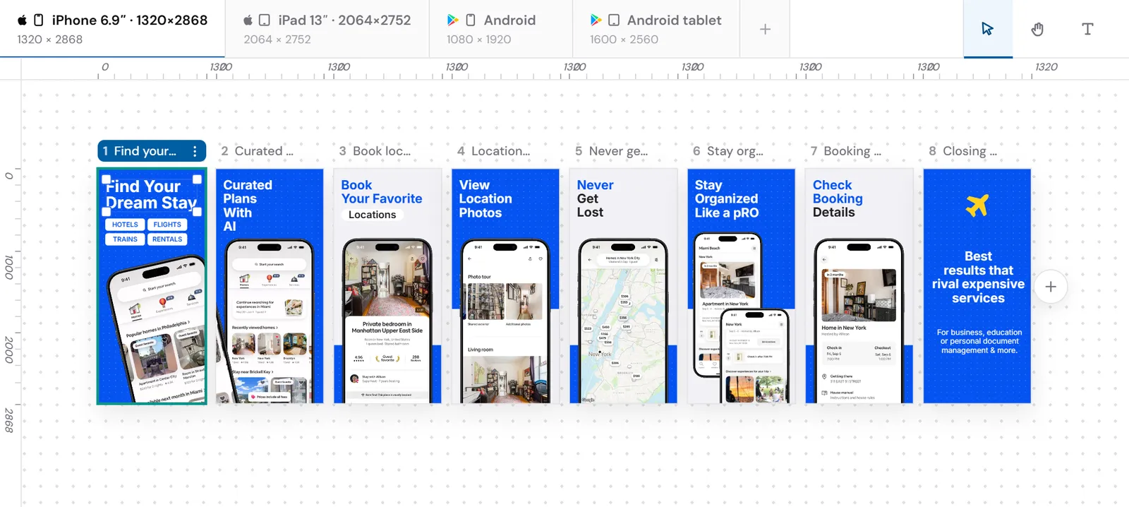 The canvas strip in the ScreenMocks editor: tabs for iPhone 6.9, iPad 13, Android and Android tablet above eight designed screens