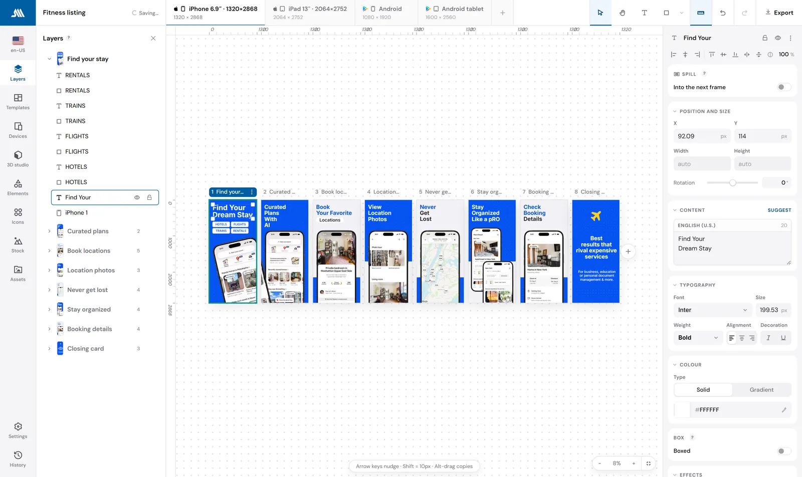 The ScreenMocks editor with an eight-screen listing open, four canvas tabs across the top and the text inspector on the right