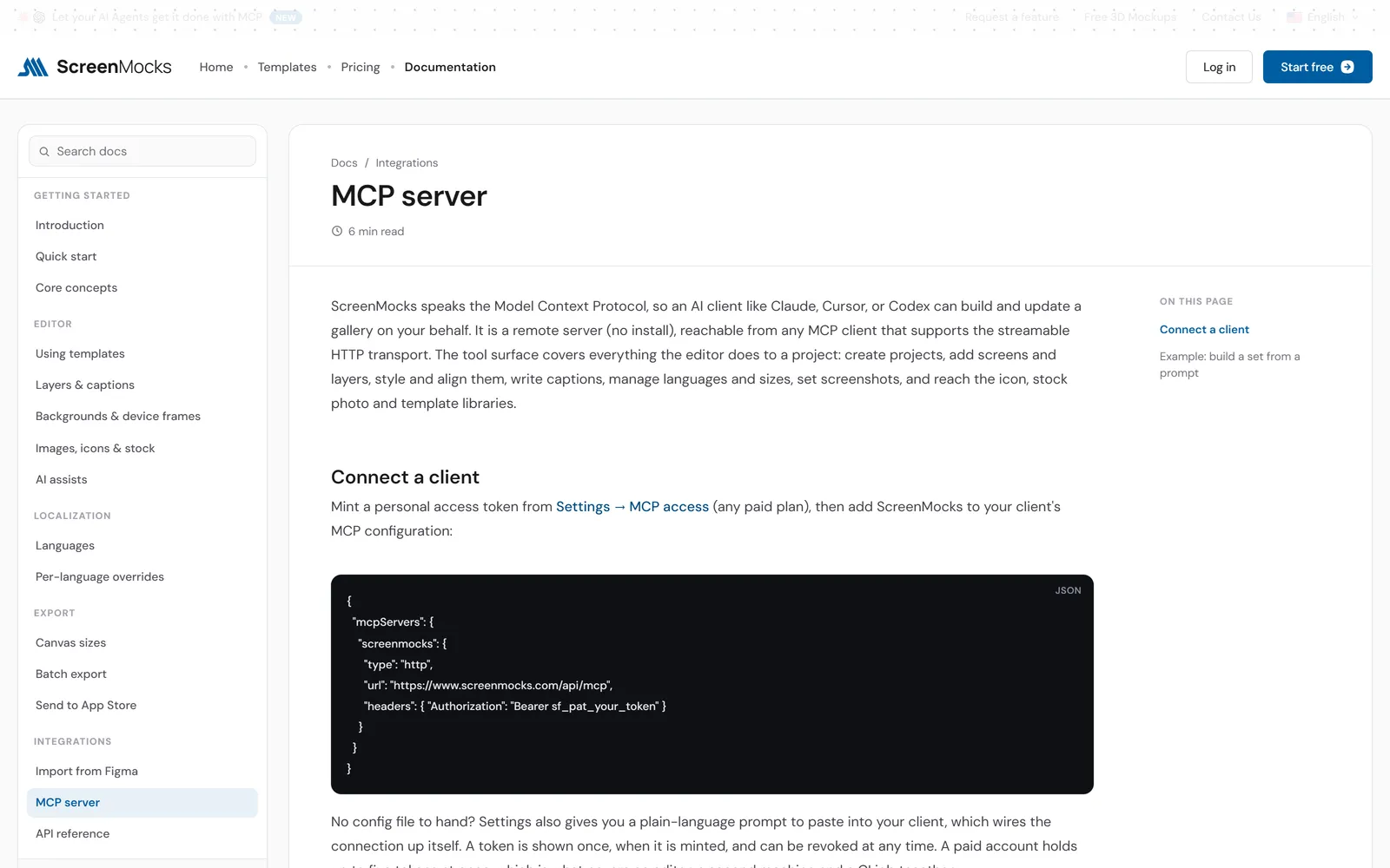 The ScreenMocks documentation showing the MCP server page and its configuration